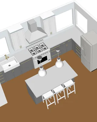 Cuisine moderne avec îlot central, four à gaz, réfrigérateur, étagères avec vaisselle et livres, chaises autour de l'îlot.
