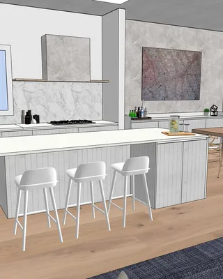 Cuisine moderne avec îlot central, comptoirs en marbre, vue sur une salle à manger en bois avec chaises en bois, et un espace salon avec mur végétal