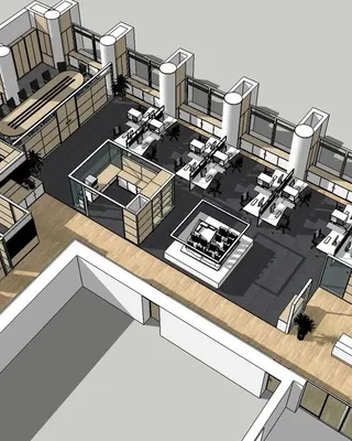 Un plan architectural d'un espace de bureau moderne avec plusieurs bureaux, une salle de réunion, et un espace lounge, décoré avec des plantes