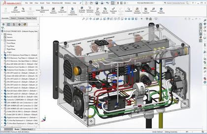 Une boîte électronique complexe avec des composants et des circuits électriques modélisés en 3D dans SOLIDWORKS.