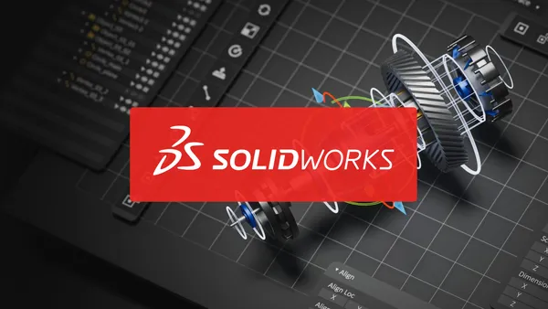 Logiciel SOLIDWORKS affichant un modèle mécanique avec engrenages sur un écran d'ordinateur