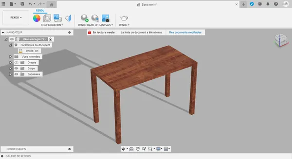 Une table en bois dans un logiciel de modélisation 3D.
