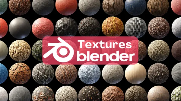 Mosaïque de différentes textures de surfaces de sphères variées, avec un logo Blender et le texte 'Textures blender' en surimpression.