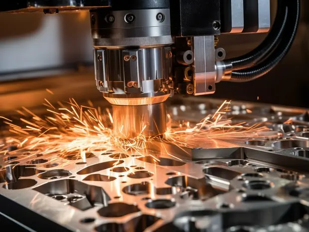 Une machine-outil en action la fabrication de pièces métalliques, avec des étincelles brillantes produites par la découpe.