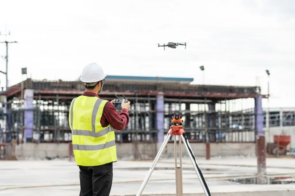 Conducteur de travaux utilisant un drone sur un chantier