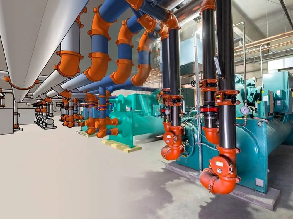 Système de plomberie et de tuyauterie dans une installation industrielle, comprenant des tuyaux en orange, en bleu et en noir, avec des pompes et des instruments de contrôle.