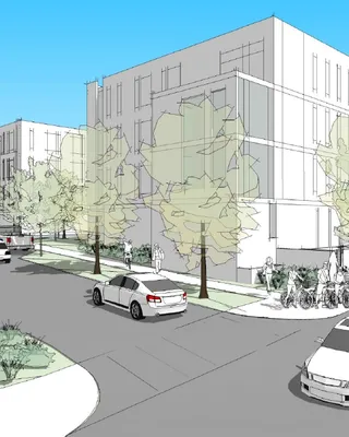 Plan architectural d'un nouveau quartier résidentiel avec des bâtiments modernes, des arbres, des passants et des voitures sur la route