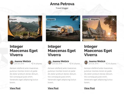 Page d'un blog de voyage avec trois articles, chacun contenant une image de voyage, le nom de l'auteur Joanna Wellick, la date 28 juin 2018, et un résumé du contenu.