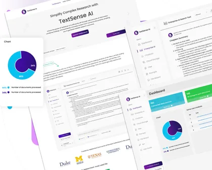Capture d'écran d'un logiciel d'intelligence artificielle TextSense AI montrant une interface avec options de menu, graphiques, texte de résumé, statistiques et liens vers des ressources.