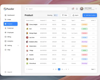 Interface d'une plateforme de gestion de produits, affichant une liste de produits comme des desserts, fruits, glace, et huiles, avec divers statuts colorés tels que En suspension, Actif, Inactif, En vente, et Bounce.