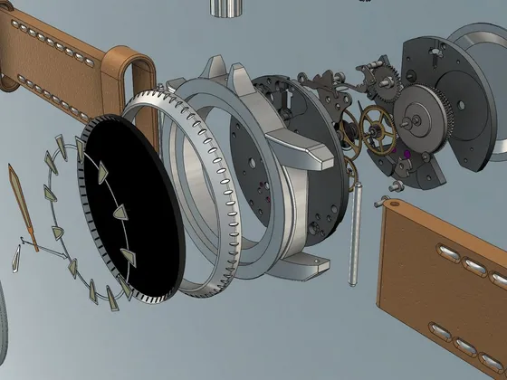 Dessin technique d'un mécanisme d'horlogerie avec engrenages, cadran, et composants en métal et en cuir.
