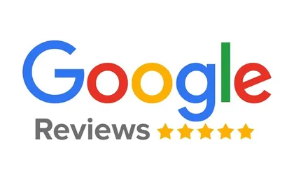 Logo Google Reviews avec cinq étoiles dorées dessous.