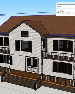 Modèle 3D d'une maison à deux étages avec façade en bois blanc, deux balcons avec clôtures en bois, fenêtres à volets noirs et un toit en tuiles brunes.