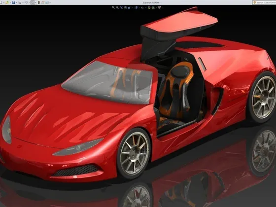 Une voiture de sport rouge avec une porte ouverte, vue intérieure et jantes en alliage, image de modélisation 3D dans SOLIDWORKS.