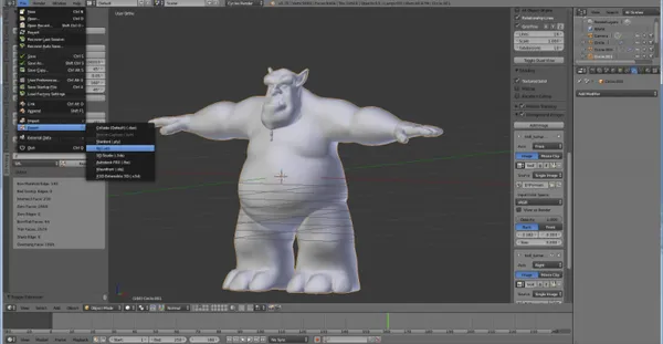 Modèle 3D d'une créature anthropomorphe, ressemblant à un ours ou un animal fantastique, avec une posture T-pose dans un logiciel de modélisation 3D.