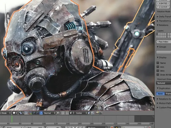 Robot futuriste en métal avec de nombreux détails mécaniques, visible dans un logiciel d'animation 3D.
