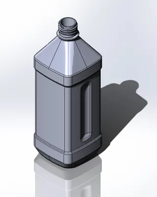 Modèle 3D d'une bouteille en plastique gris sans bouchon, avec une vue du haut, un design rectangulaire avec une ouverture pour bouchon.