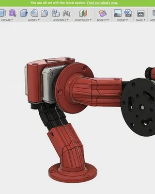 Modélisation 3D d'un bras robotique avec plusieurs joints, monté sur une surface, affichée dans un logiciel de conception assistée par ordinateur.
