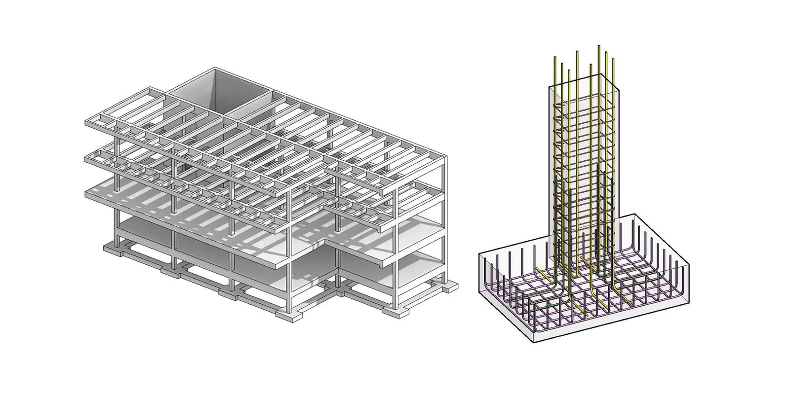 Schéma de construction montrant une structure en acier pour un bâtiment et un plan de base de fondation en béton avec renforts en armature.