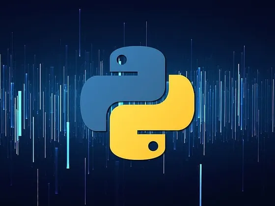 Logo de Python avec un fond de ligne de données numériques en bleu foncé.