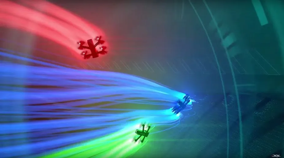 dessin de 3 drone degageant une ombre rouge bleu et vert