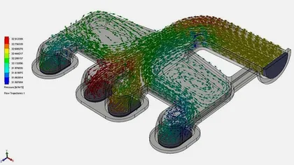 Simulation numérique illustrant le flux de pression dans une pièce moulée complexe, avec différentes couleurs indiquant la pression.
