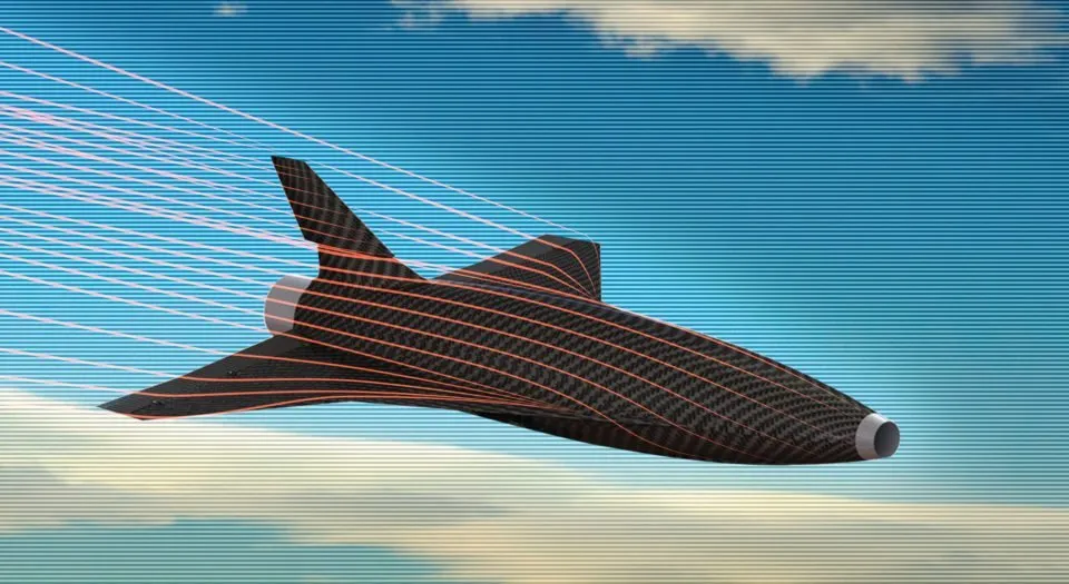 drone avec rayons rouges volant dans le ciel