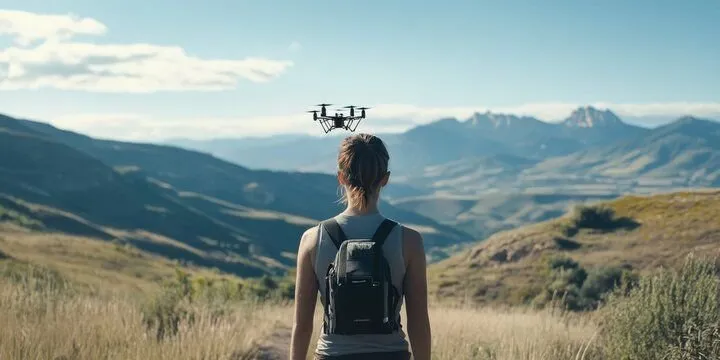 Télépilote réalisant des prises de vue aériennes dans un paysage naturel