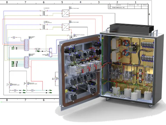 Schéma électrique complexe en arrière-plan avec un boîtier métallique ouvert contenant des composants électroniques, des relais, des résistances, des fils colorés, et des modules électroniques, illustrant une installation ou un système électrique.