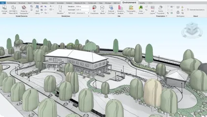 Modèle numérique d'un espace paysager avec bâtiment, arbres et chemins.