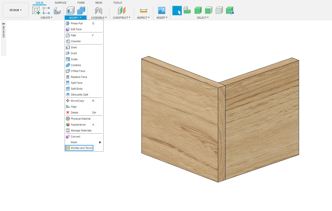 etape 1 utilisation de Mortise and Tenon plugin Fusion 360