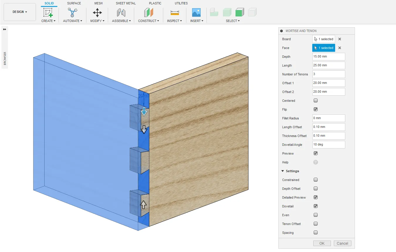 etape 2 utilisation de Mortise and Tenon plugin Fusion 360