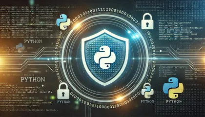 Représentation de la cybersécurité avec logo de Python, cadenas, et code binaire, symbolisant la sécurité informatique et la programmation Python.
