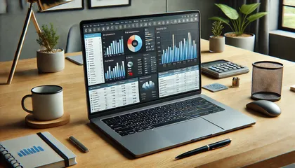 Bureau moderne avec un ordinateur portable affichant des graphiques et des tableaux, entouré de plantes, d'une tasse, d'un carnet, d'un stylo, d'une calculatrice, d'une souris et d'un porte-crayons.