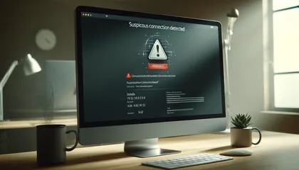 Écran d'ordinateur affichant une alerte de connexion suspecte avec une icône de warning, sur un bureau avec une tasse, une plante petite en pot, une lampe et une souris.