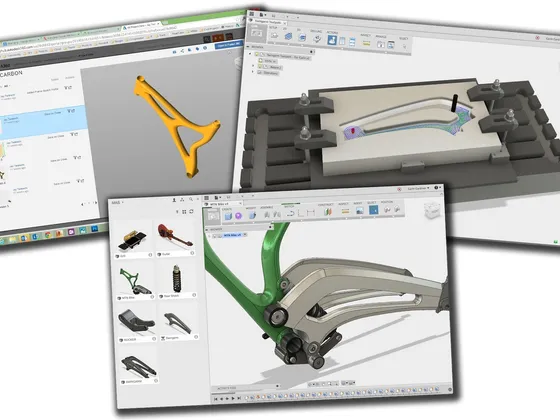 Capture d'écran de plusieurs logiciels de conception 3D affichant des modèles de vélos et de pièces techniques.