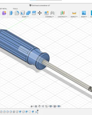 Modèle 3D d'un tournevis à tête d'étoile dans le logiciel Autodesk Fusion 360, avec différentes pièces de la conception visibles sur le côté gauche.
