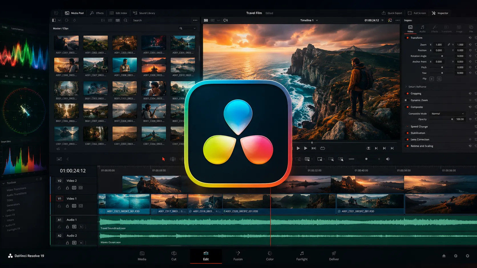 Interface de montage vidéo sur DaVinci Resolve avec animation 2D sur After Effects