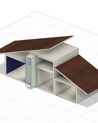 Modèle 3D d'une petite maison moderne avec un toit en pente et une structure en béton, comprenant un espace ouvert et un toit en bois.