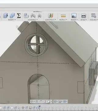 Modèle 3D d'une petite maison en cours de conception dans un logiciel de modélisation.