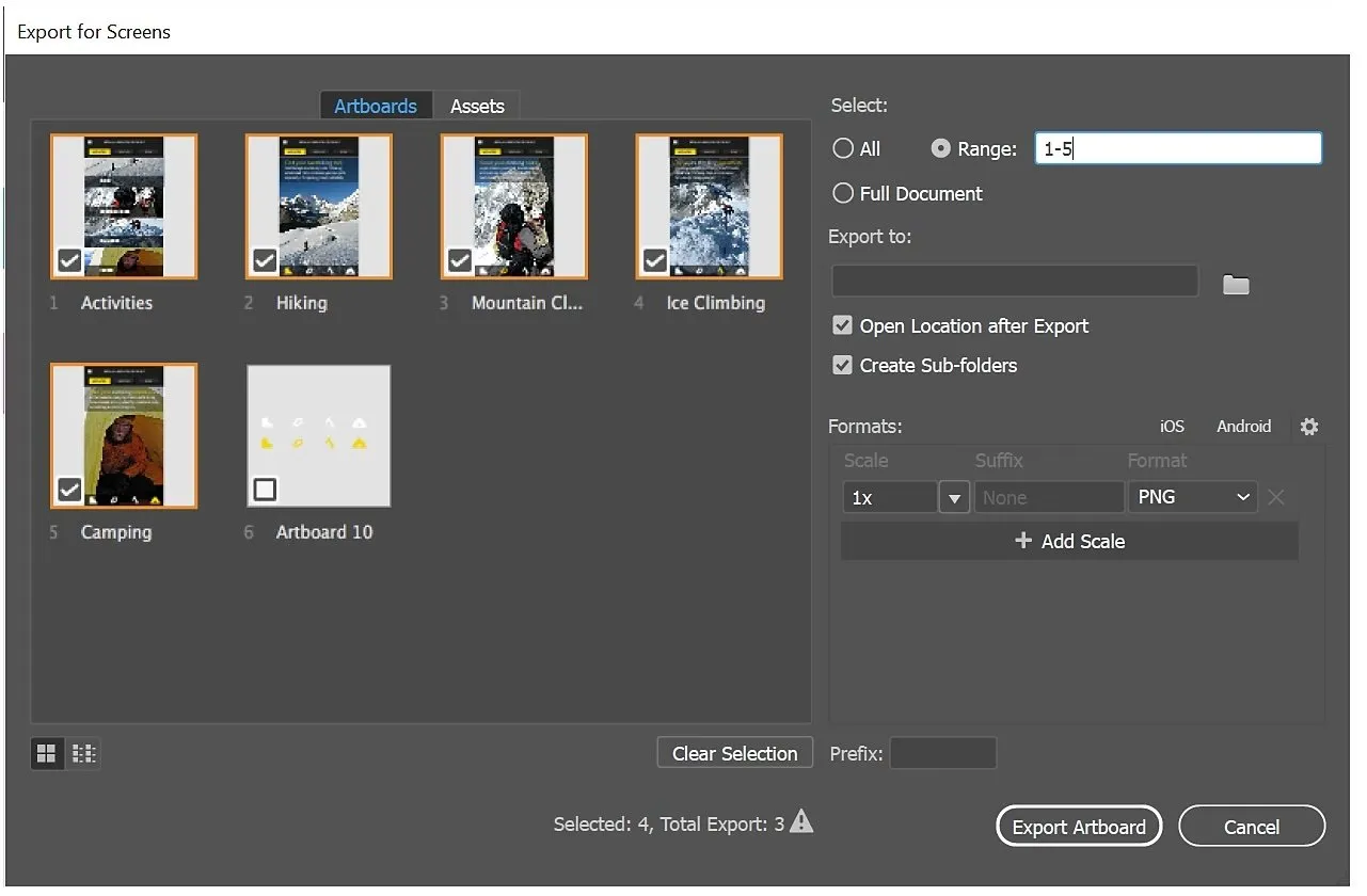 Fenêtre d'export d'Illustrator avec plusieurs formats de fichiers.