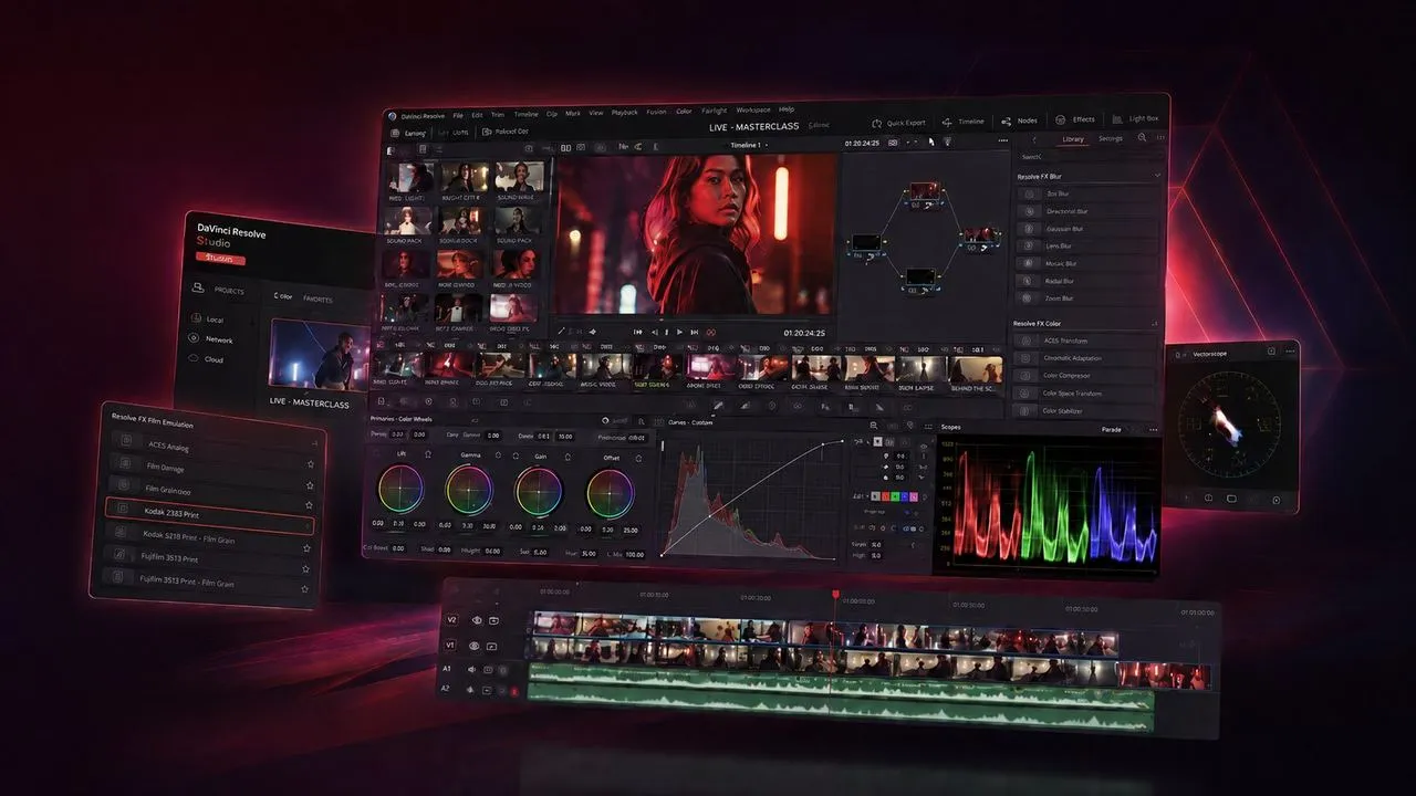 Interface DaVinci Resolve : montage, étalonnage colorimétrique et timeline multipiste
