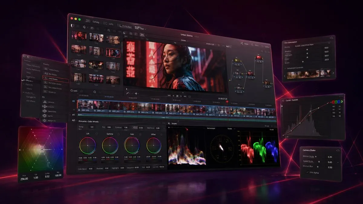 Interface DaVinci Resolve : montage, étalonnage colorimétrique, scopes et timeline multipiste