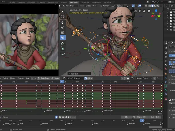 Capture d'écran d'une animation 3D d'une jeune fille avec des cheveux bouclés noirs, portant une tunique rouge et une écharpe beige, manipulant un bâton dans un environnement forestier, dans un logiciel de modélisation 3D.