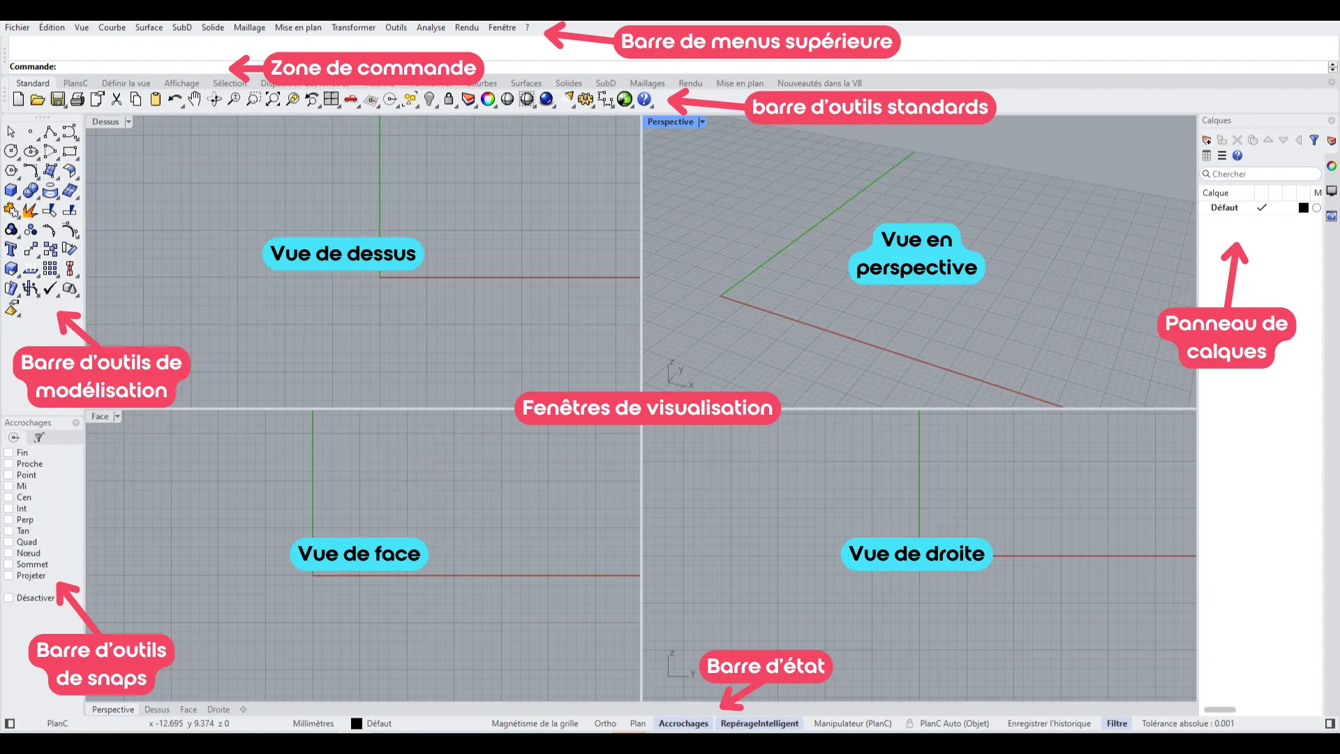 interface utilisateur Rhino 3D