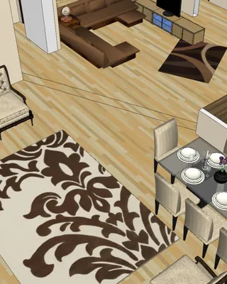Maquette 3D d'un salon et d'une salle à manger avec mobilier en bois et tapis beige et marron.