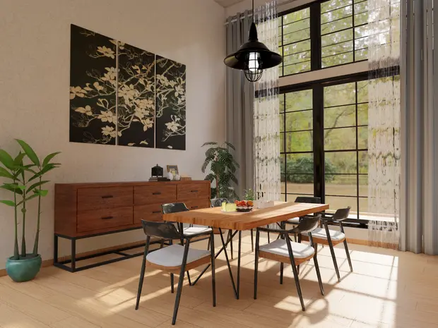Salle à manger lumineuse avec table en bois, six chaises, grand mur de fenêtre avec rideaux légers, plante verte, tableau floral noir et blanc, buffet en bois, objets de décoration, fruits sur la table, lumière suspendue industrielle.