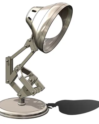 Lampe de bureau métallique à bras articulés avec un socle rond, projetant une ombre sombre.