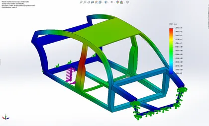 Modèle numérique d'une structure d'avion analysée par simulation de déformation, avec un schéma coloré représentant la distribution des contraintes en millimètres.