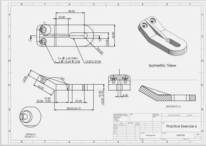 Un dessin technique d'une pièce mécanique en projection orthogonale, incluant une vue isométrique, une section transversale, et des vues détaillées avec dimensions.